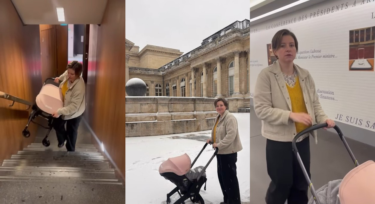La Députée Mathilde Hignet se met en scène avec son nouveau-né pour son retour de congé maternité à l'Assemblée Nationale pour témoigner sur les difficultés des familles à trouver des solutions de garde.