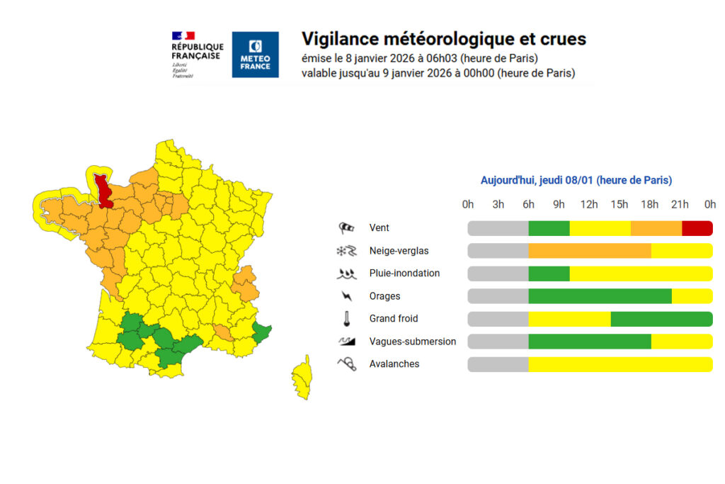 La tempête Goretti place la Manche en vigilance rouge pour vents violents, une situation rare qui concerne également 27 départements en vigilance orange. Rafales extrêmes, mer démontée, neige et verglas : cet épisode météorologique d’ampleur nationale met à l’épreuve les infrastructures, les transports et la sécurité des populations du nord et de l’ouest de la France.