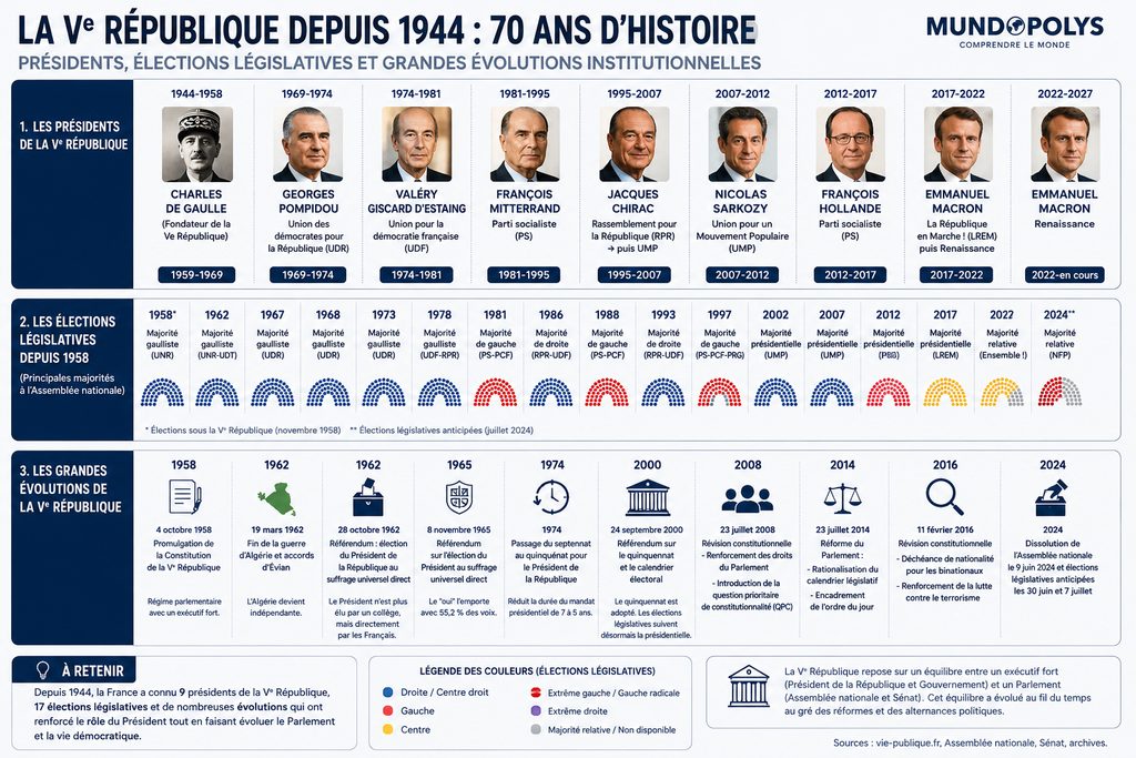 Infographie : la Ve république de 1944 à nos jour - 70 ans de stabilité