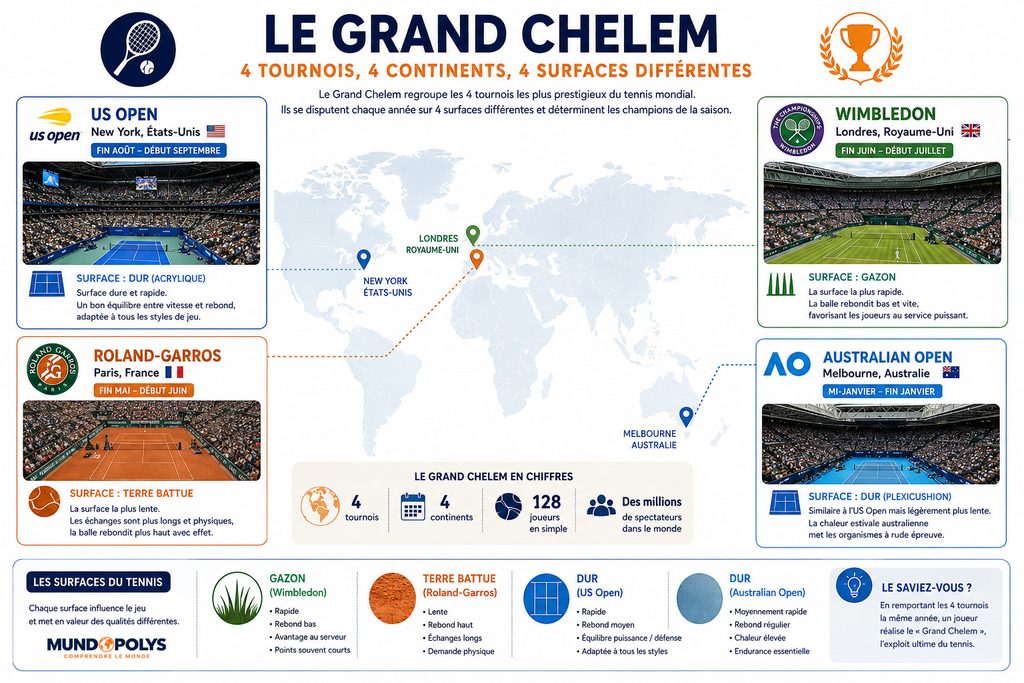 Infographie tennis - Caractéristiques des 4 tournois du Grand Chelem