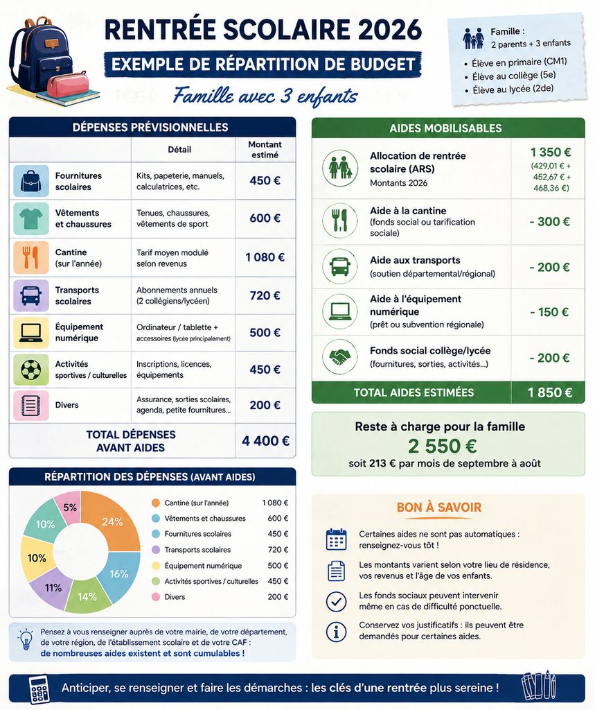 Rentrée scolaire 2026 - Infographie exemple de répartition du budget dépenses et aides d'une famille