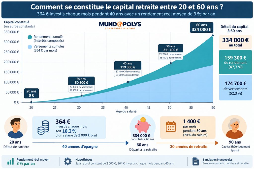 Graphique de l'évolution du capital retraite tout au long de la carrière d'un salarié.