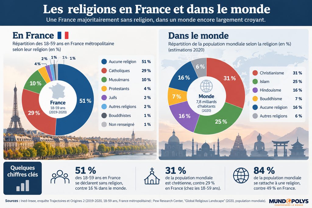 Laïcité - Graphique présentant la part des religions en France comparée au monde