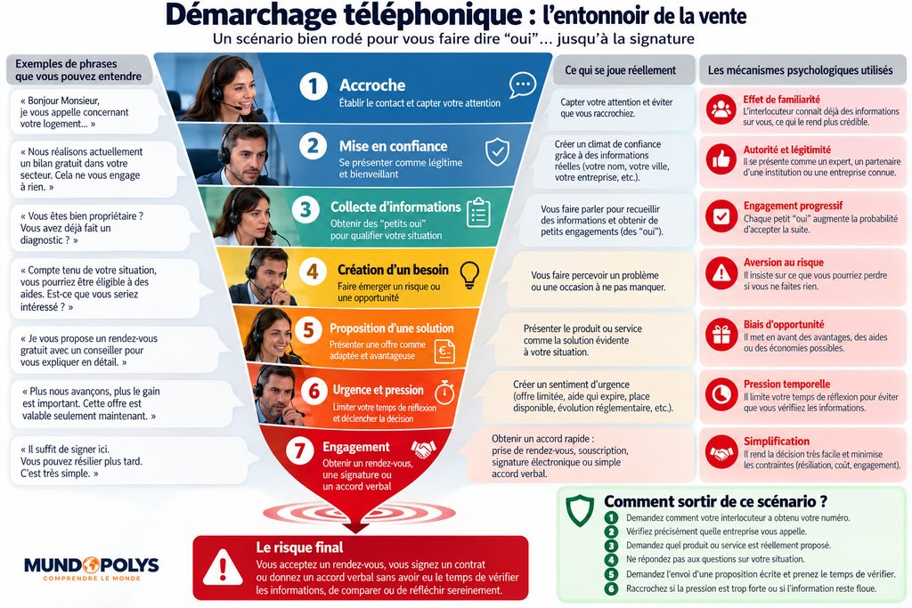 Démarchage téléphonique - Infographie présentant les différentes étapes pour transformer un simple appel en vente à distance.