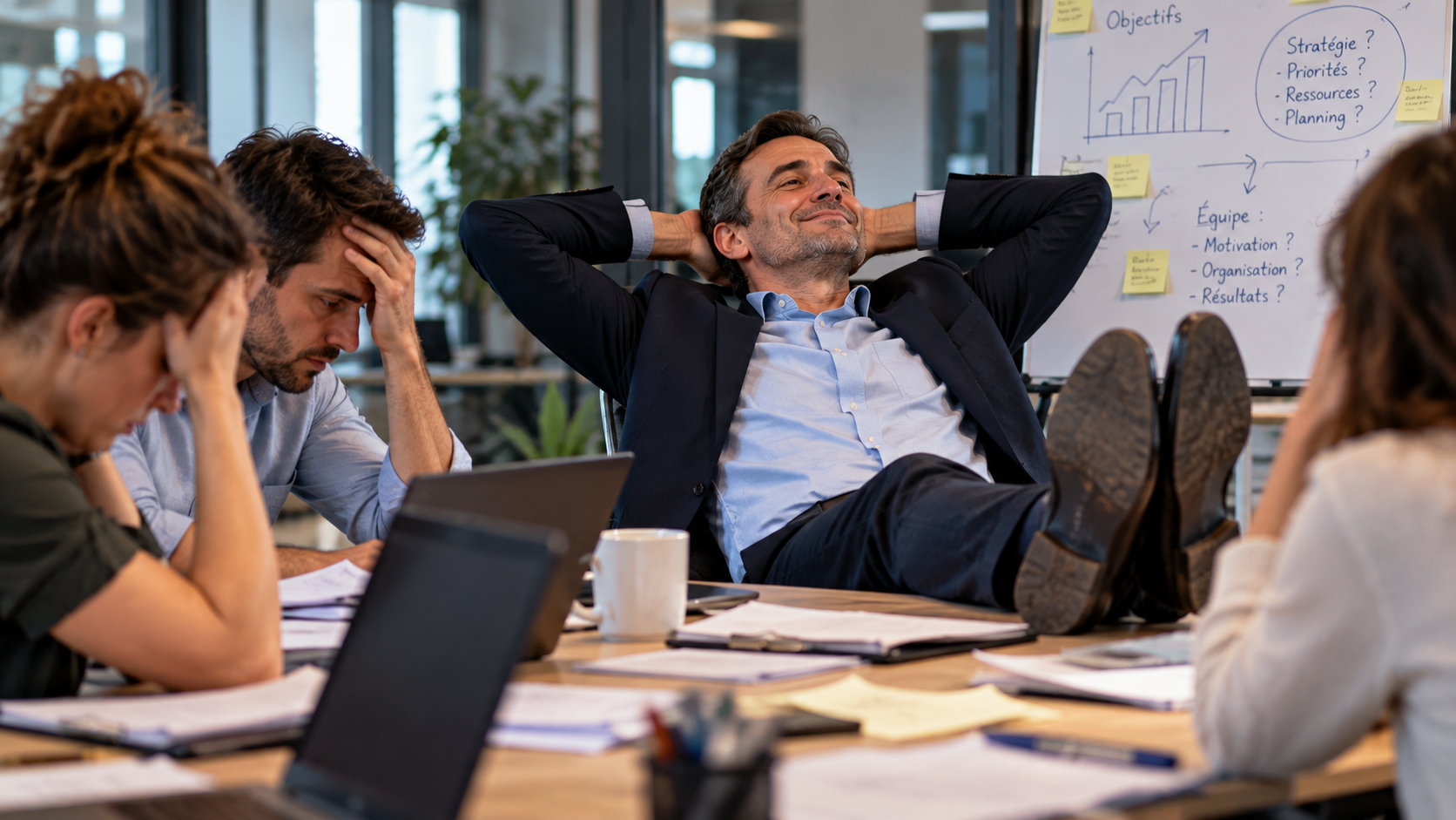 Un responsable hiérarchique détendu, les pieds sur son bureau, face à trois collaborateurs visiblement découragés lors d'une réunion.